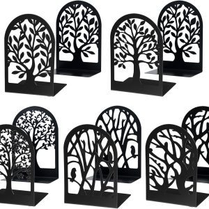 EOOUT Bookends for Shelves Decorative, 5 Pairs of Tree Bookends Supports, Black Metal Book Stoppers for Heavy Books, Heavy Duty Book Ends for Home Office School.