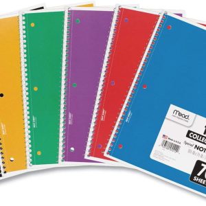 Mead Spiral Notebooks, 6 Pack, 1 Subject, College Ruled Paper, 7-1/2" x 10-1/2", 70 Sheets per Notebook, Color Will Vary (73065)